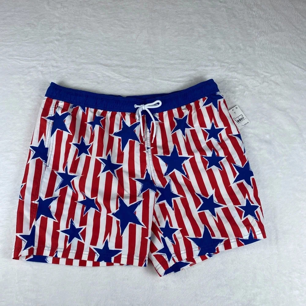 Mad Engine Swim Shorts Men L Blue Red Star Print Striped Americana Thermal Lined